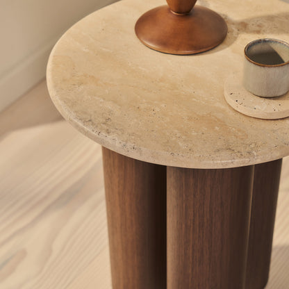 Trivium - Table d'Appoint Ronde en Travertin Beige et Bois Foncé Premium