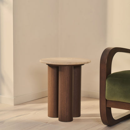 Trivium - Table d'Appoint Ronde en Travertin Beige et Bois Foncé Premium