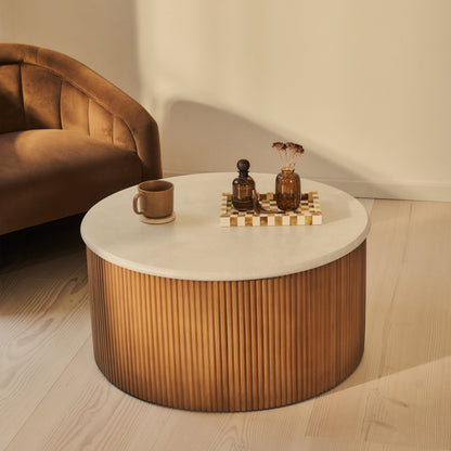 Cove - Table Basse Ronde Cannelée Bois Chaud