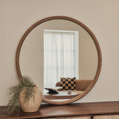 Amora - Grand miroir mural rond en bois chaud 100 cm x 100 cm