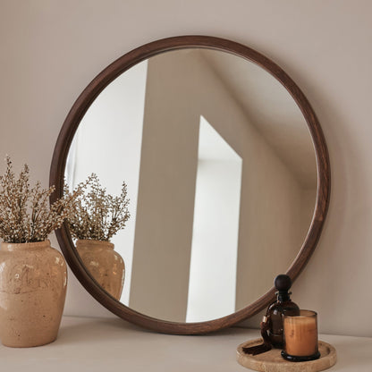 Arden - Miroir mural rond en bois foncé 70 cm x 70 cm