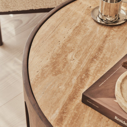 Valor - Table basse ronde premium en travertin beige et bois foncé