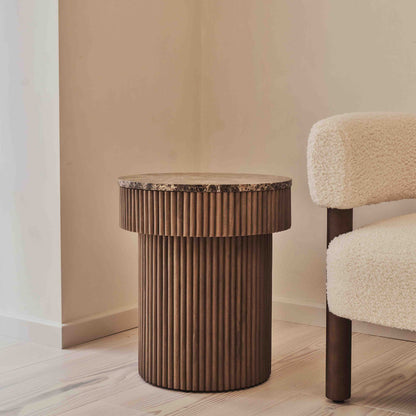 Sloane - Table d'Appoint Ronde en Marbre Dark Emperador et Bois Chaud Premium