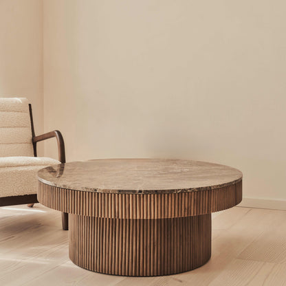 Sloane - Table basse ronde en marbre Dark Emperador et bois chaud premium