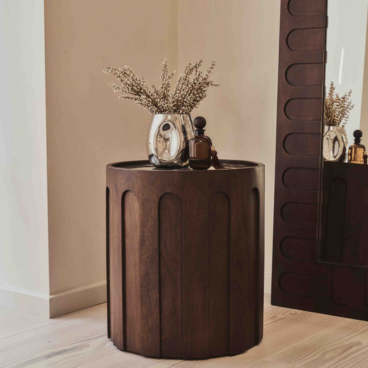 Valor - Table d'appoint ronde en marbre Dark Emperador et bois foncé premium