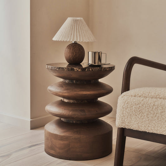 Orinthia - Table d'Appoint Ronde en Bois Foncé et Marbre Dark Emperador Premium