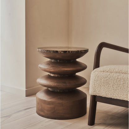 Orinthia - Table d'Appoint Ronde en Bois Foncé et Marbre Dark Emperador Premium