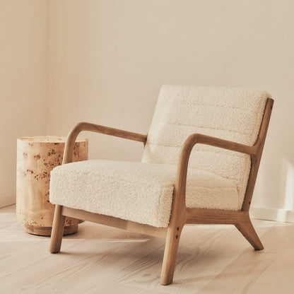Hudson - Fauteuil d'Appoint en Bouclé Ivoire et Bois Chaud