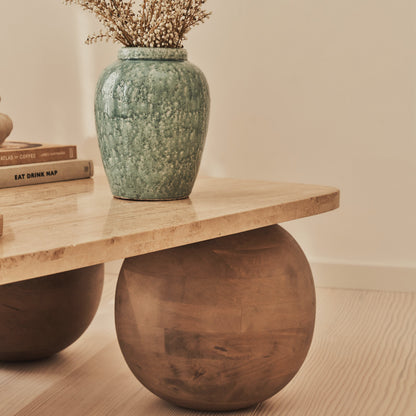 Melrose - Table basse rectangulaire premium en travertin beige et bois chaud