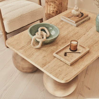 Melrose - Table basse rectangulaire premium en travertin beige et bois chaud