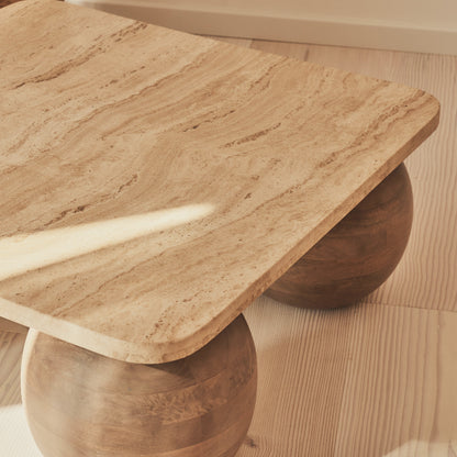 Melrose - Table basse carrée premium en travertin beige et bois chaud