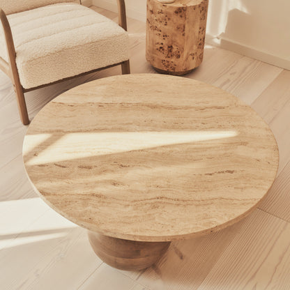 Melrose - Table basse ronde en travertin beige et bois chaud premium