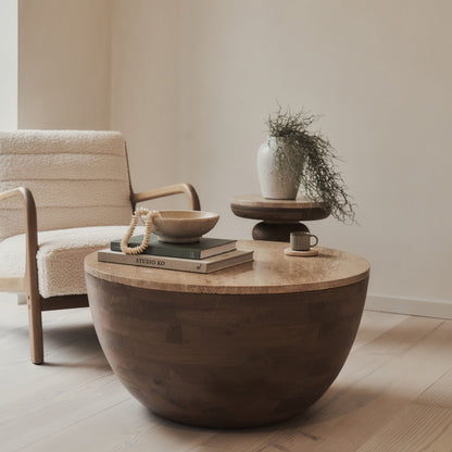 Lyra - Table basse ronde premium en travertin beige et bois chaud