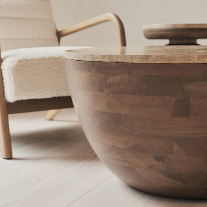 Lyra - Table basse ronde premium en travertin beige et bois chaud
