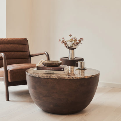 Lyra - Table basse ronde premium en bois foncé et marbre Dark Emperador