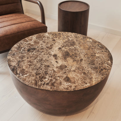 Lyra - Table basse ronde premium en bois foncé et marbre Dark Emperador