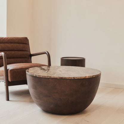 Lyra - Table basse ronde premium en bois foncé et marbre Dark Emperador