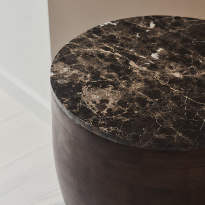 Lyra - Table d'Appoint Ronde en Marbre Dark Emperador et Bois Foncé Premium