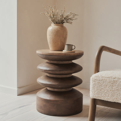 Orinthia - Table d'Appoint Ronde en Travertin Beige et Bois Chaud Premium