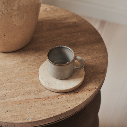 Orinthia - Table d'Appoint Ronde en Travertin Beige et Bois Chaud Premium
