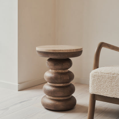 Belgravia - Table d'appoint ronde en travertin beige et bois chaud premium