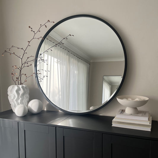 Higgins - Miroir Mural Rond Moderne en Métal Noir 100cm x 100cm