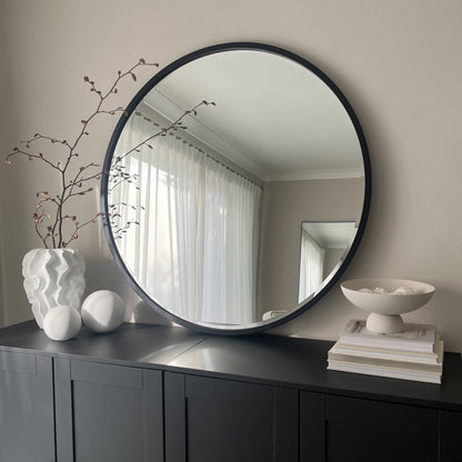 Higgins - Miroir Mural Rond Moderne en Métal Noir 80cm x 80cm