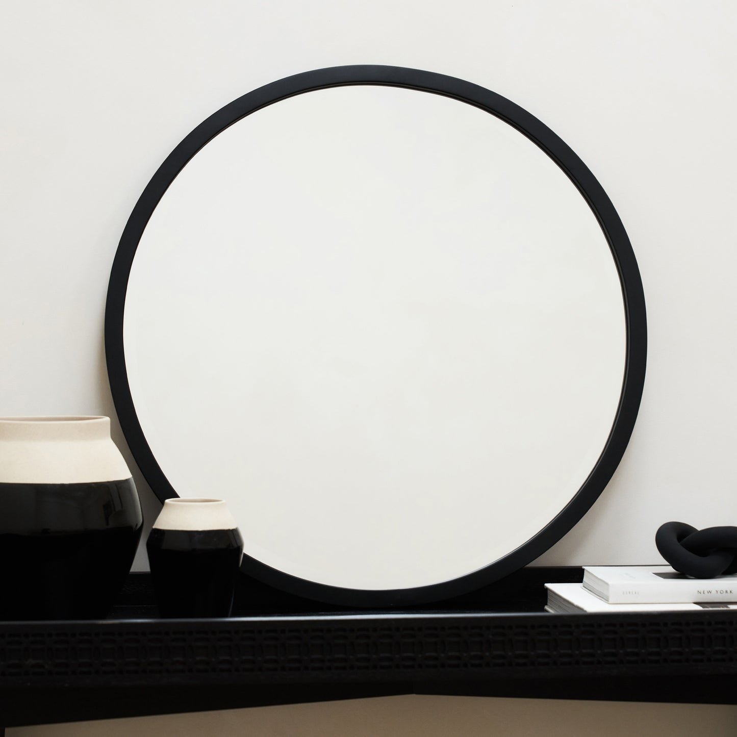 Higgins - Miroir Mural Rond Moderne en Métal Noir 60cm x 60cm