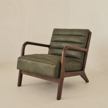 Hudson - Fauteuil avec Accents en Cuir Olive et Bois Foncé