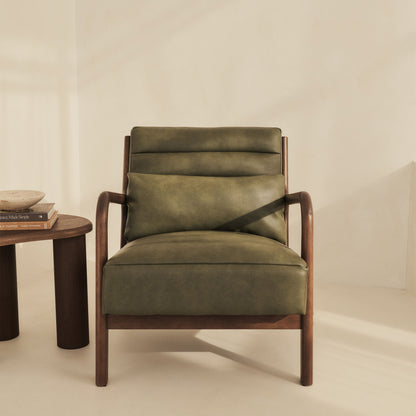 Hudson - Fauteuil avec Accents en Cuir Olive et Bois Foncé