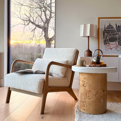 Hudson - Fauteuil d'Appoint en Bouclé Ivoire et Bois Chaud
