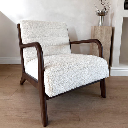 Hudson - Fauteuil d'Appoint en Bouclé Ivoire et Bois Foncé