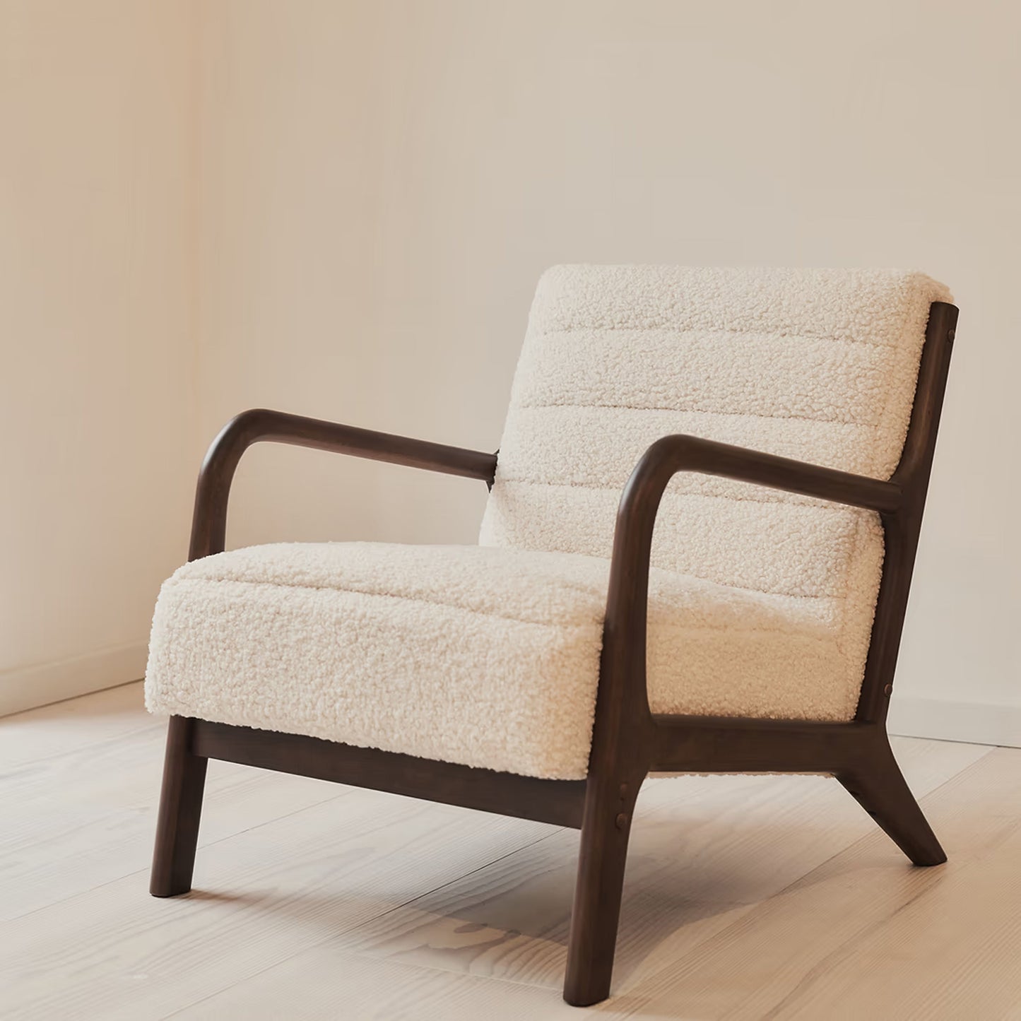 Hudson - Fauteuil d'Appoint en Bouclé Ivoire et Bois Foncé