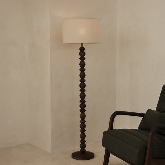 Ivy - Lampadaire à abat-jour tambour en bois foncé