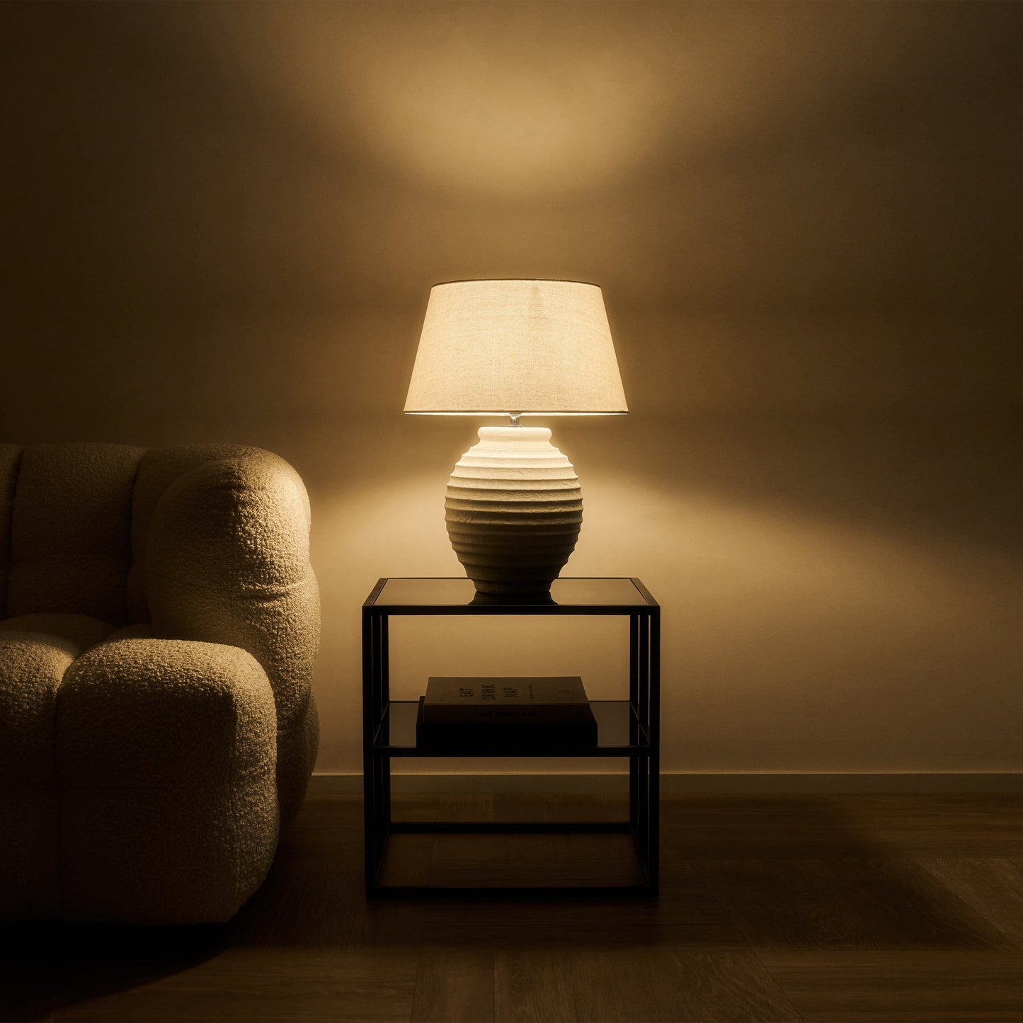 Linosa - Lampe de table avec abat-jour cylindrique en céramique texturée pierre
