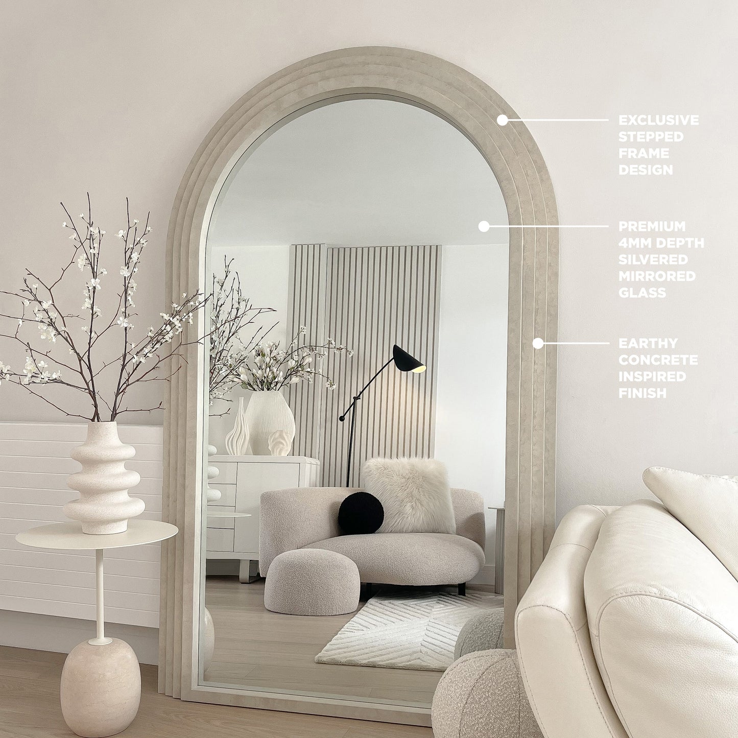Luciana - Miroir en béton arqué pleine longueur 180cm x 110cm