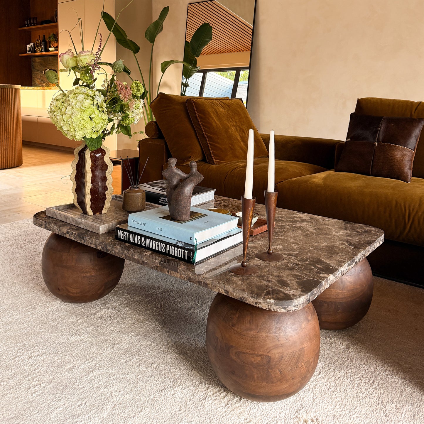 Melrose - Table basse rectangulaire premium en bois foncé avec marbre Dark Emperador
