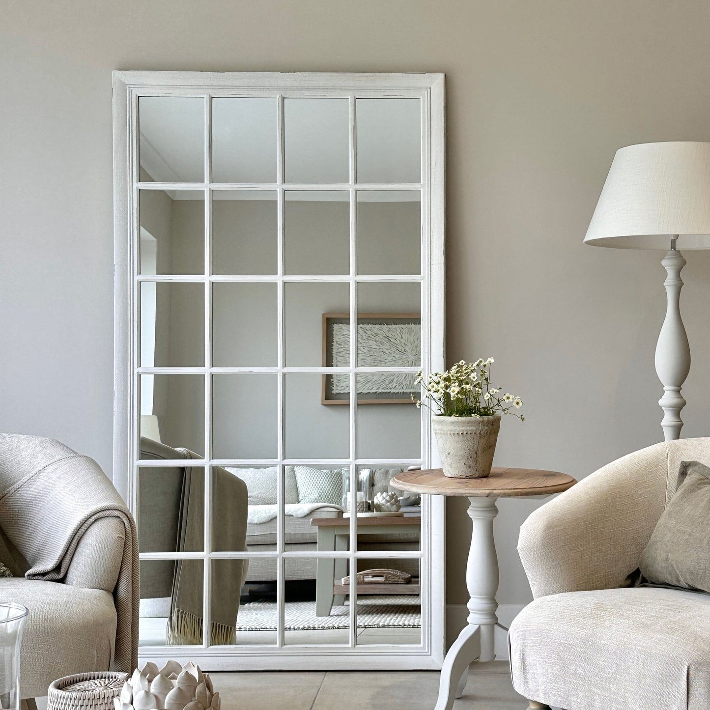Sasha - Miroir de fenêtre shabby chic blanc pleine longueur 180 cm x 100 cm