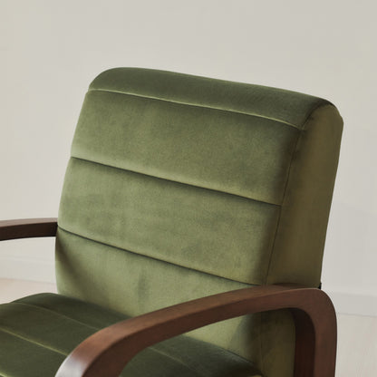 Dalton - Fauteuil d'Appoint en Velours Olive et Bois Foncé