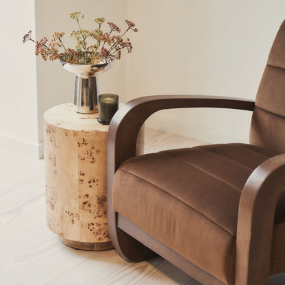 Dalton - Fauteuil d'Appoint en Velours Marron et Bois Foncé
