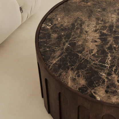 Valor - Table basse ronde premium en bois foncé et marbre Dark Emperador