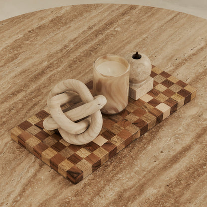 Sloane - Table basse ronde en travertin beige et bois chaud premium
