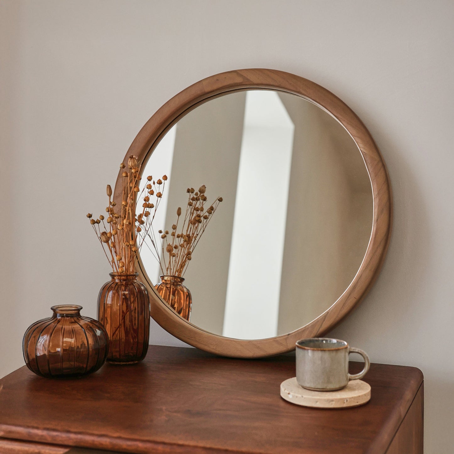 Arden - Miroir Mural Rond en Bois Chaud 40cm x 40cm