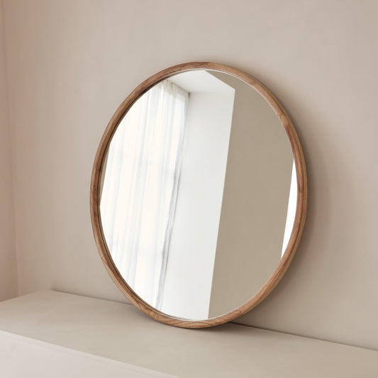 Arden - Grand miroir mural rond en bois clair 90cm x 90cm