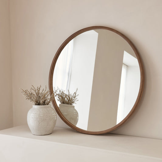 Arden - Grand miroir mural rond en bois chaud 90cm x 90cm