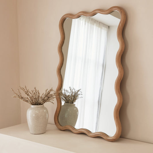 Marea - Miroir mural rétro ondulé en bois clair 100cm x 70cm